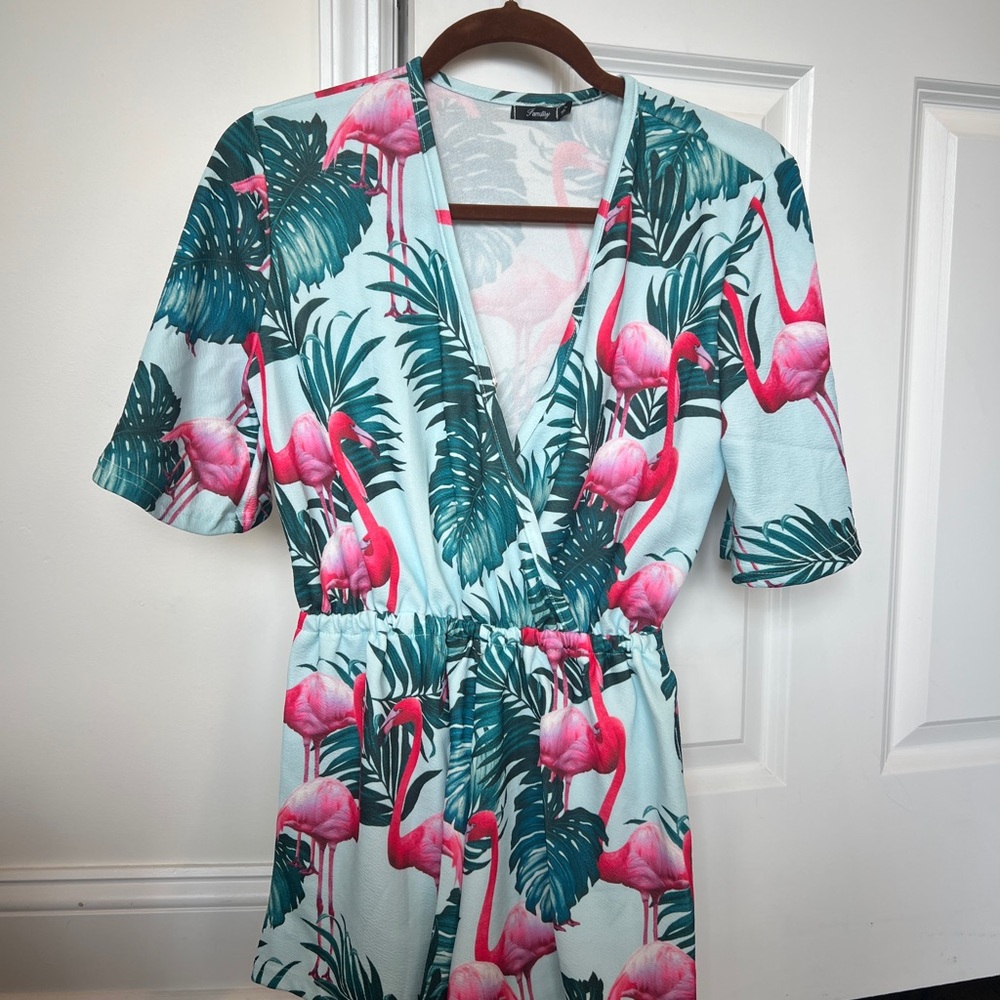 Famully Flamingo Print V-Neck Romper in Mint & Pink